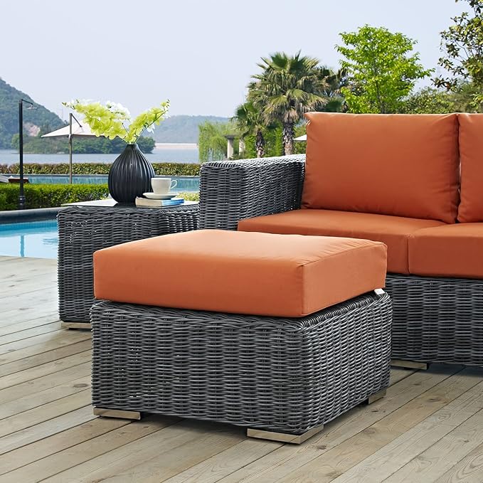 Modway Summon Wicker Rattan Outdoor Patio Sunbrella Square Ottoman in Canvas Tuscan