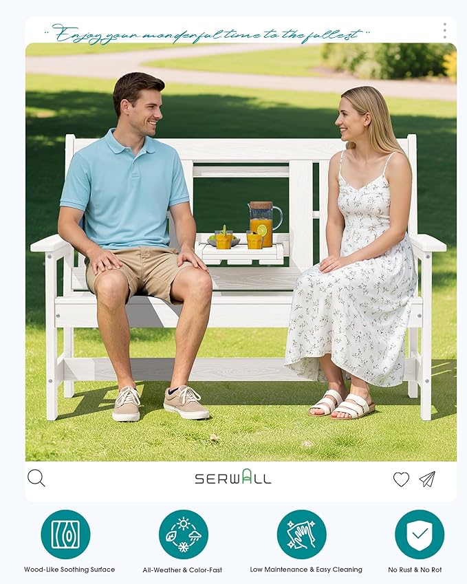 SERWALL Outdoor Bench with Cup Holder, 58" HDPE Garden Park Bench Suitable for 3 Person, All Weather Patio Benches with High Backrest and Wide Armrests for Garden, Park, Yard, Front Porch, White