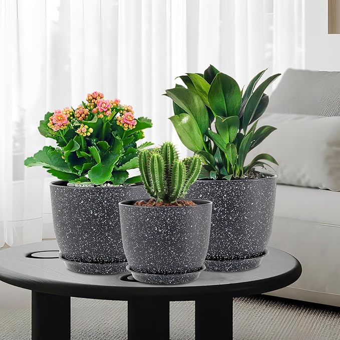 Plant Pots 10/9/8 inch, Set of 3 Modern Decorative Plastic Planters with Drainage Holes and Saucers for Garden House Plants, Flower Pots for Indoor Outdoor Plants, Speckled Black
