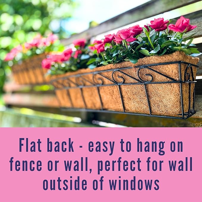 LaLaGreen Wall Mounted Planters - 30 Inch, 6 Pack Black Window Flower Boxes Basket Outdoor, Balcony Planter Over The Rail, Deck Railing Hanging with Coco Liners, Metal Horse Troughs Fence Patio Porch