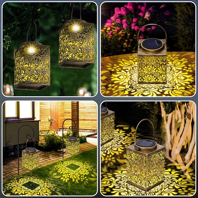 Lanterns, 2 Pack Bronze Metal Solar Outdoor Hanging Light Set