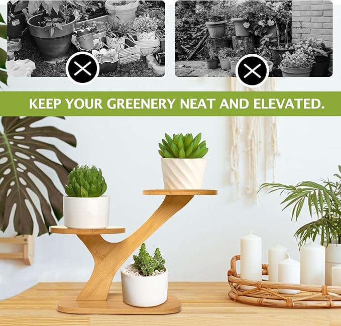 XXXFLOWER Wood Plant Stand for Indoor,Small Desktop Plant Stand,3 Tier Succulent Windowsill Shelf Holders for Balcony Home Office Garden Patio Gift(Pots NOT Included)