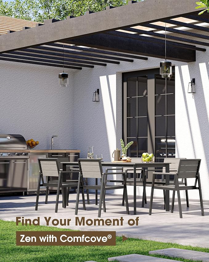 Outdoor Patio Dining Set for 4,Aluminum & HDPS Patio Table and Chairs Set with Umbrella Hole, Modren 5 Peice Patio Furniture Set, All-Weather Dining Table and 4 Chairs (Classic Gray)