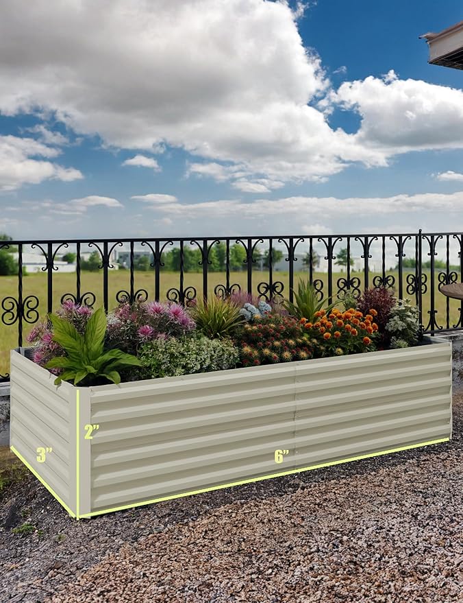 GarveeLife 6x3x2 ft Galvanized Raised Garden Bed, 24" Tall Metal Planter Box for Flowers Vegetables, Rust-Resistant Raised Garden Beds for Gardening, Easy Assembly Outdoor Garden Box & Planters,Beige