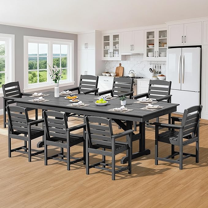 SERWALL 9 Piece Outdoor Dining Set, 84" HDPE Outdoor Large Table and Texilene Chairs for 8,All Weather Patio Dining Furniture Set with Umbrella Hole for Backyard, Garden, Black