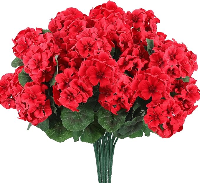 Artificial Geranium Flowers, Red Silk Blooms for Indoor and Outdoor Decor