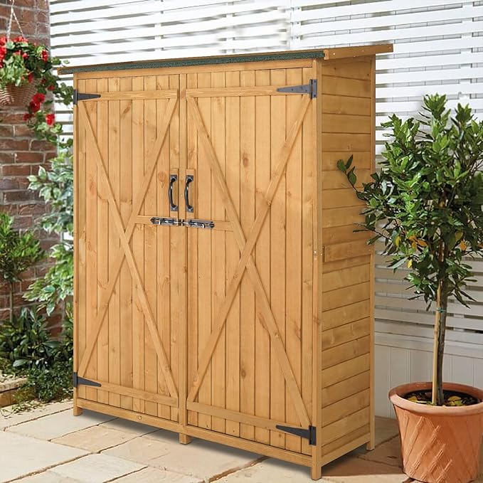 Outvita Outdoor Storage Cabinet with Waterproof Roof, Double Lockable Doors Garden Shed with 2 Removable Shelves, Wooden Storage Shed with Large Storage Space for Yard Garge Patio Deck Porch(Natural)