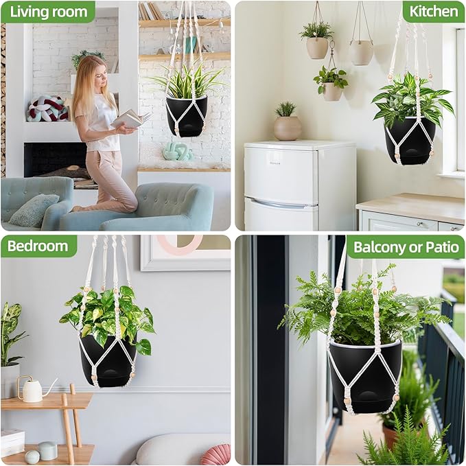2-Pack 5.7-Inch Self-Watering Hanging Planters for Indoor & Outdoor Plants,34Inch Macrame Hanger Plant Pots Indoor with Drainage,Small Hanging Planters & Baskets,With Two Sets of Hooks(Pure black)