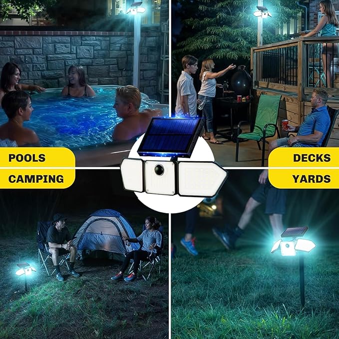 Bionic Flood Light 4 Pk Solar Lights Outdoor Waterproof, Ultra Bright 89 LEDs, 3 Heads Wide Angle Motion Sensor Outdoor Lights for Security, Wall, House, Spot Light, IP65 Waterproof – Stakes Included