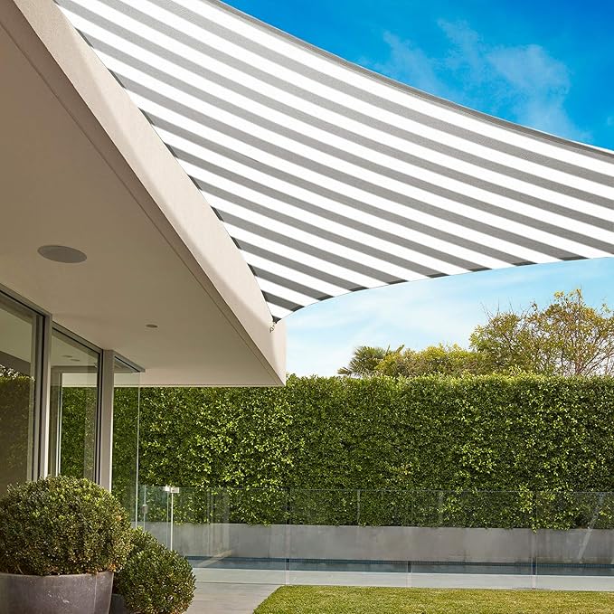 E&K Sunrise 27' x 27' x 27' Sun Shade Sail Triangle Canopy Shade Cover UV Block for Patio Backyard Garden Outdoor (Gray White Strip)