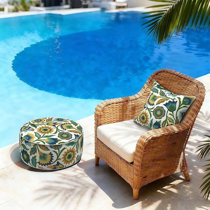 LVTXIII Inflatable Stool Ottoman Footrest with Handle, Decorative Fade-Resistant Foot Stool, Indoor or Outdoor Pouf for Home Garden and Camping Use, D21 x W 21 x H9, Fiesta Floral
