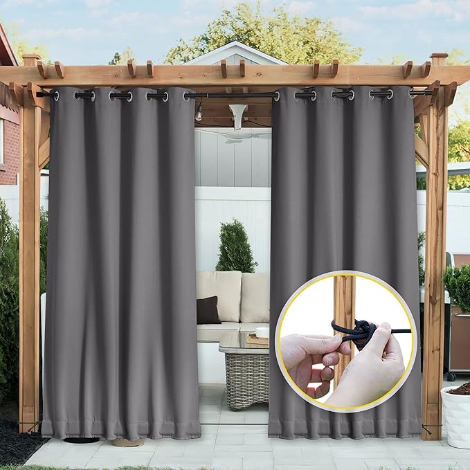 NICETOWN 2 Panels Weighted Blackout Curtains for Patio Waterproof, Grommet & Back Tab on Top & Bottom Windproof Blackout Outdoor Curtains for Porch with Bouns Rope for Fixed, Grey, W52 x L84