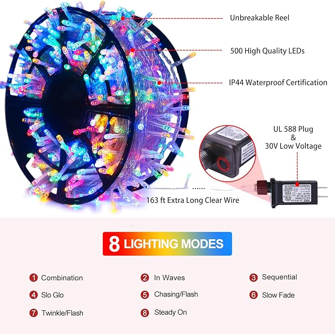 String Lights 163 ft Multicolor 500 LED, 8 Modes and Timer