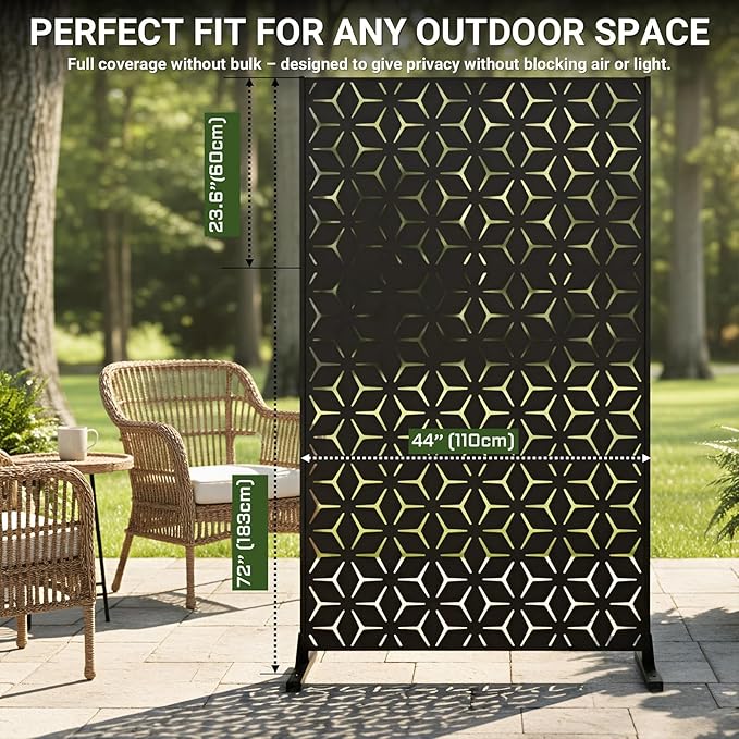 6FT Metal Privacy Screen Outdoor β Decorative Laser Cut Privacy Fence Panel for Patio, Deck & Garden, Rustproof Steel Privacy Divider, Modern Geometric Design, Freestanding Outdoor Privacy Screen