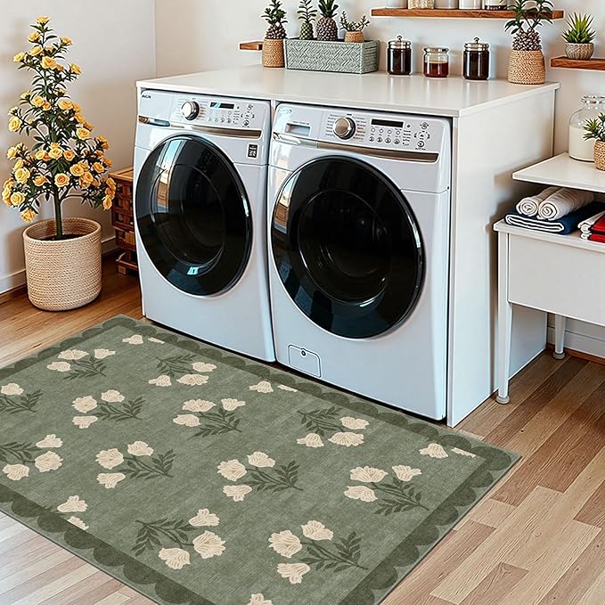 Outdoor Rug 3x5 Sage Green Floral Washable Entry Mat