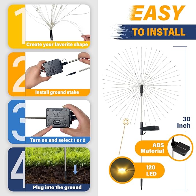 Solar Garden Lights Outdoor Decorative, 4pack 120 LED Firework Lights Waterproof,Solar Fairy Lights for Outside,Garden,Yard, Patio,Pathway,Flowerbed,Party(Multicolor)