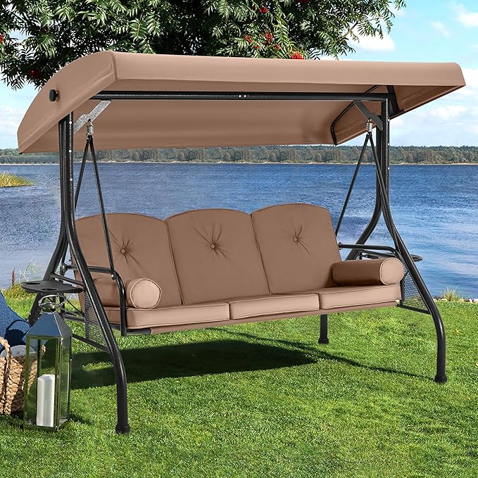 HOMREST 3 Seat Outdoor Porch Swing with Adjustable Canopy, Convertible Patio Swing Bed with Stand, Patio Glider Swing with Upgraded Cup Holder, Thicken Cushions & Pillow for Backyard (Brown)