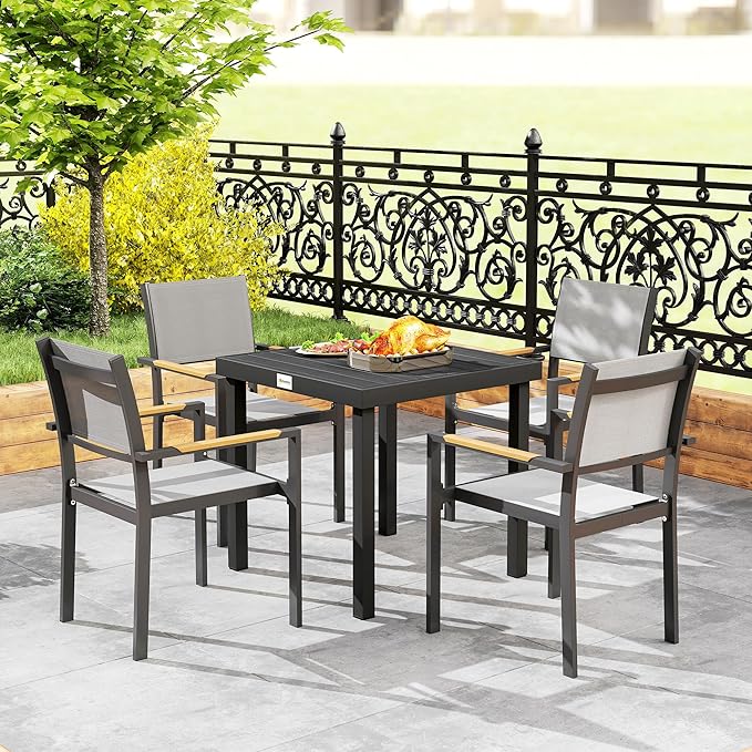 Outsunny Outdoor Dining Table for 4 Person, Square Patio Table, Aluminum Metal Legs for Garden, Lawn, Patio, Woodgrain Black
