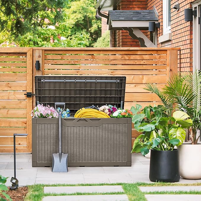 Deck Box 100 Gallon Brown Resin with Lockable Flip Top