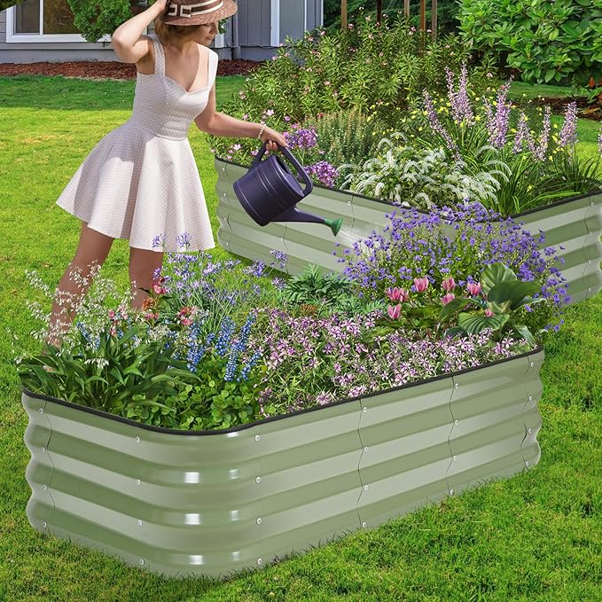 1MORE Raised Garden Bed -4X2X1 Galvanized Planter Box for Outdoor Gardening,3 in 1 Modular Raised Bed Kit with Protective Tape, Gloves for Herb,Ideal for Vegetables and Plants.Green-1Pcak
