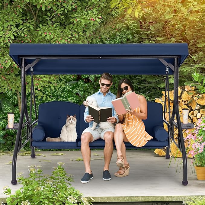 HOMREST 3 Seat Outdoor Porch Swing with Adjustable Canopy, Convertible Patio Swing Bed with Stand, Patio Glider Swing with Upgraded Cup Holder, Thicken Cushions & Pillow for Backyard (Blue)