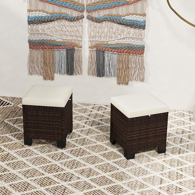 Outsunny 2 Pieces Outdoor Patio Ottomans, All Weather Wicker Outdoor Footstools with Removable Cushions, 3-in-1 PE Rattan Ottoman Seat, Footrest and Side Table for Backyard, Poolside, Beige