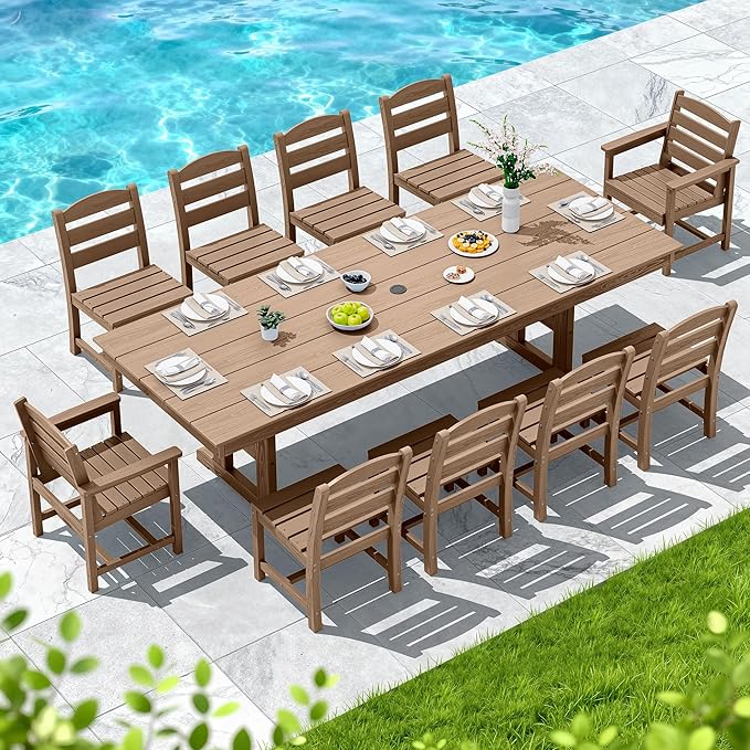SERWALL 11 Piece Outdoor Dining Set, 84" HDPE Outdoor Table and Chairs for 10,All Weather Patio Furniture Set with Umbrella Hole for Backyard, Garden, Brown