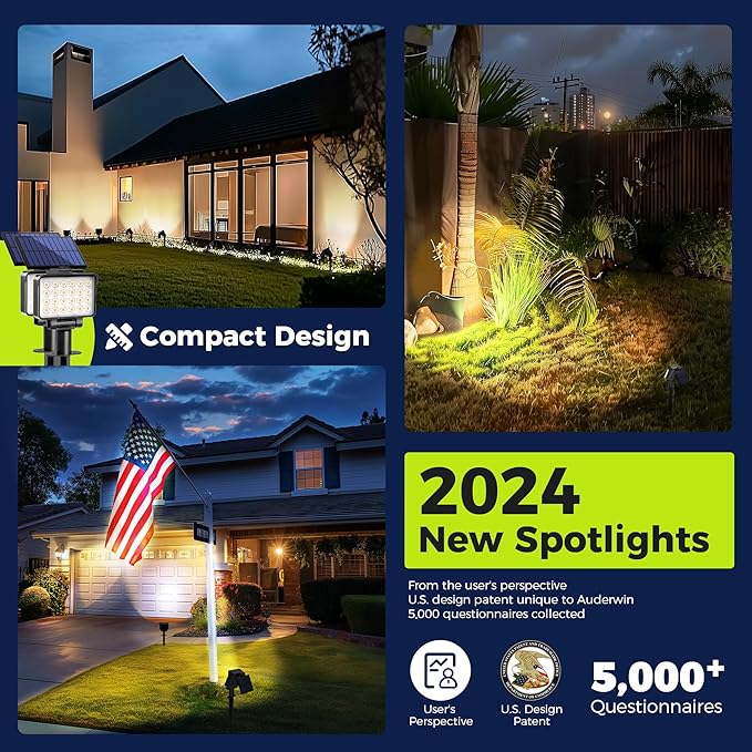 Solar Spot Lights Outdoor Waterproof for Flag, Tree, House, Garden, Yard, 3 Brightness Modes Solar Powered Landscape Spotlights 2 Pack Warm White