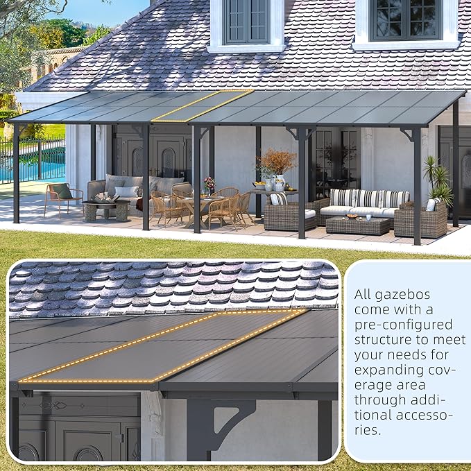 AECOJOY 16' x 8' Gazebo Outdoor Pergola for Patio, 8x16 Hard Top Lean to Gazebo Shelter Pergolas and Gazebos Clearance with Patio Roof, Large Wall-Mounted Heavy Duty Awnings for Decks, Backyard