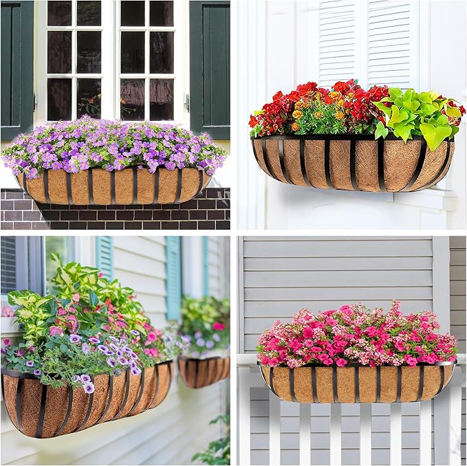Y&M 2pcs 24 Inch Window Deck with Coco Liner, 24" Window Boxes Horse Trough with Coconut Coir Liner, Black Metal Hanging Flower Planter Window Basket Deck Railing Planter Boxes for Outdoor Indoor