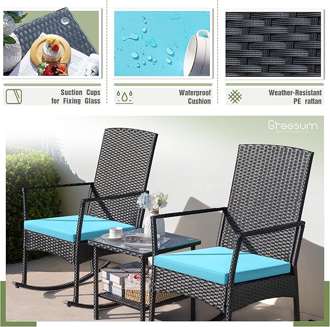 Conversation Set, 3-Piece Wicker Rocking Chairs with Coffee Table, Blue