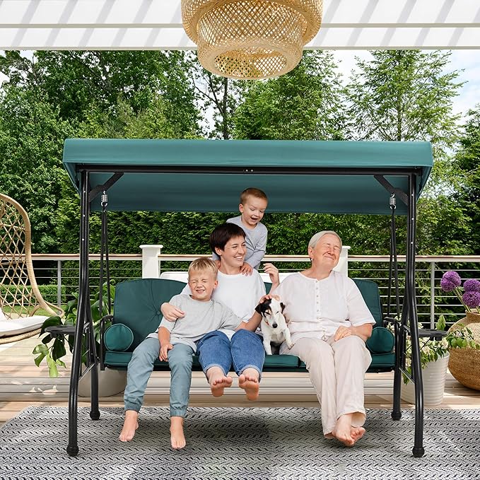 HOMREST 3 Seat Outdoor Porch Swing with Adjustable Canopy, Convertible Patio Swing Bed with Stand, Patio Glider Swing with Upgraded Cup Holder, Thicken Cushions & Pillow for Backyard(Green)