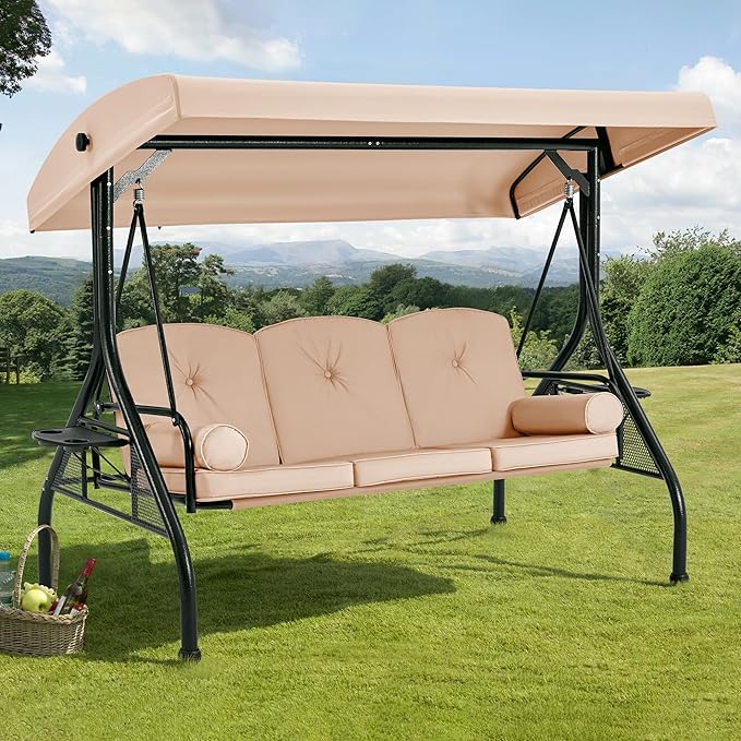 HOMREST 3 Seat Outdoor Porch Swing with Adjustable Canopy, Convertible Patio Swing Bed with Stand, Patio Glider Swing with Upgraded Cup Holder, Thicken Cushions & Pillow for Backyard(Khaki)