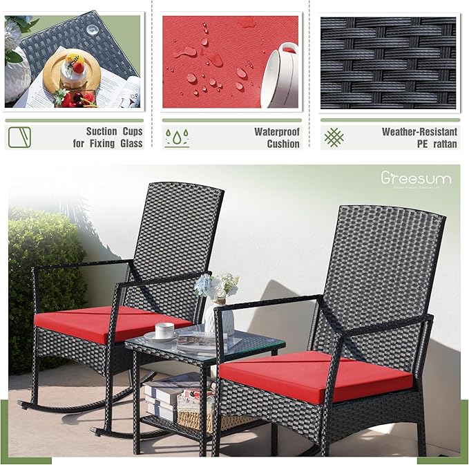 Conversation Set, 3-Piece Red Rattan Rocking Chairs with Coffee Table