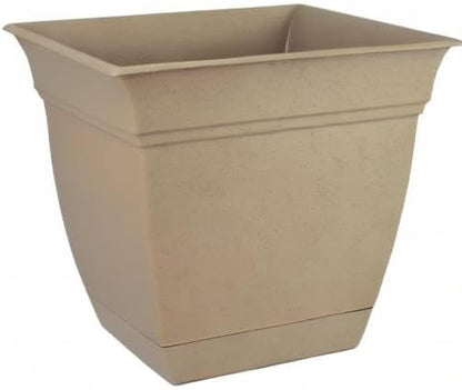 The HC Companies Eclipse Square Plastic Planter w/Attached Saucer - Outdoor & Indoor Plant Pot with Drainage Holes - Lightweight, UV-Resistant Plastic Pots for Plants (8" Sandstone, Pack of 1)