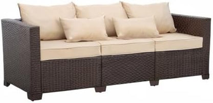 Outdoor Furniture Couch 3 Seater Sofa Outdoor Brown Wicker Sofa Deep Seat High Backrest Patio Couch with Non-Slip Cushions Waterproof Cover, Khaki