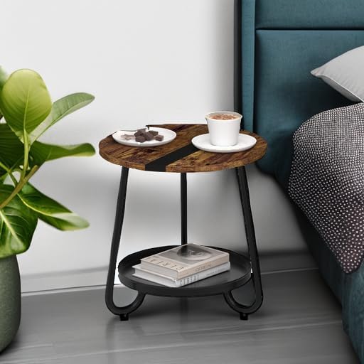 2 Tier Coffee Table in Living Room, Industrial Style Round Coffee Table with Metal Tray, Wood Small Outdoor Coffee Table for Bedroom Balcony Patio, Rustic Brown