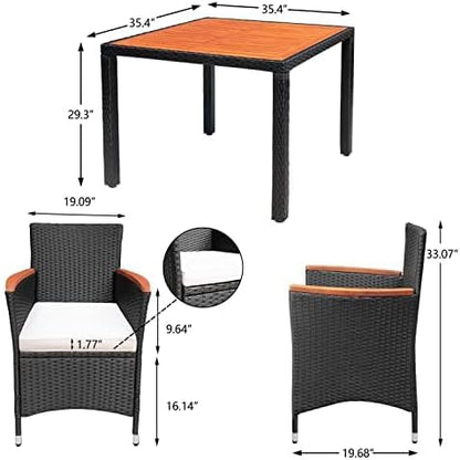 Devoko 5 PCS Furniture, Patio Conversation Set with Acacia Wood Top, Rattan Outdoor Dining Table and Chairs for Backyard, Garden, Deck, Black