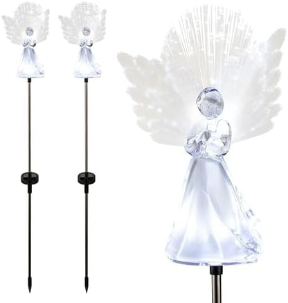 Alpine Corporation 37”H Outdoor Solar Angel Garden Stakes with Fiber Optic Wings and LED Lights (Set of 2)