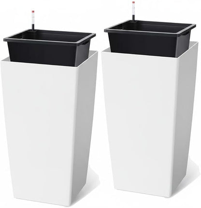 30 Inch Tall Self Watering Planters Set of 2, Outdoor Plant Pots with Automatic Watering System, Water Level Monitor, Drainage, Wheels & Inner Bucket, for Front Porch & Indoor Plants White