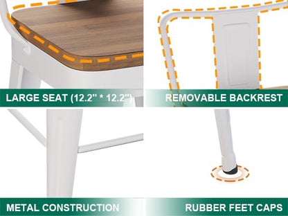 WENTMENT Metal Bar Stools Set of 2 Counter Height Barstools with Removable Back 30" Kitchen Bar Stools with Wooden Seat,Off White