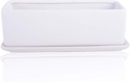 Vencer 12 Inch Rectangular Modern Minimalist Ceramic Succulent Planter Pot - Window Box with Saucer,Office Desktop Potted Stand,White,VF-0135