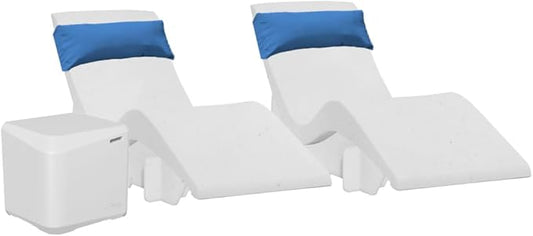 Aqua Outdoors in-Pool DEEP Ledge Chaise Set - Two Chaises - Two Headrest Pillows - Chaise Risers and One Large in Pool Side Table - for ledges 9"-14" inches Deep (Classic White-Blue)