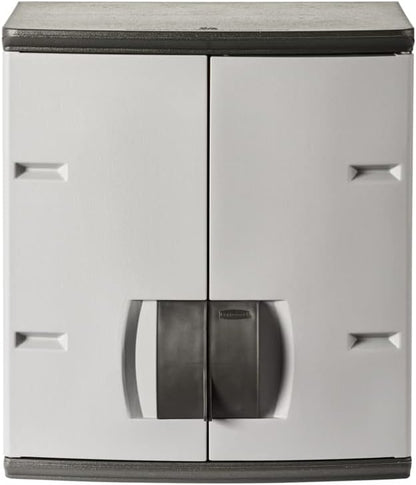 Rubbermaid Wall Mounted Storage Cabinet with Doors 150-Pound Capacity Gray Lockable Three-Shelf Cubbard for Tools/Car Accessories/Cleaning in Home/Garage/Outdoor Areas