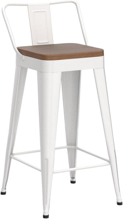 WENTMENT Metal Bar Stools Set of 4 Counter Height Bar Stools Barstools with Removable Back 24" Kitchen Bar Stools with Wooden Seat,Off White
