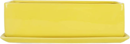 Vencer 14 Inch Rectangular Modern Minimalist Ceramic Succulent Planter Pot - Window Box with Saucer,Office Desktop Potted Stand,Yellow,VF-0173Y