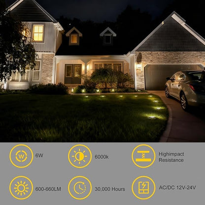 JESLED Outdoor Landscape Lights, 6W LED In Ground Well Lights, 12V 24V 3000K Warm White, IP67 Waterproof Low Voltage Landscaping Spotlight for Driveway Deck Step Yard Fence Garden Pathway (6 Pack)