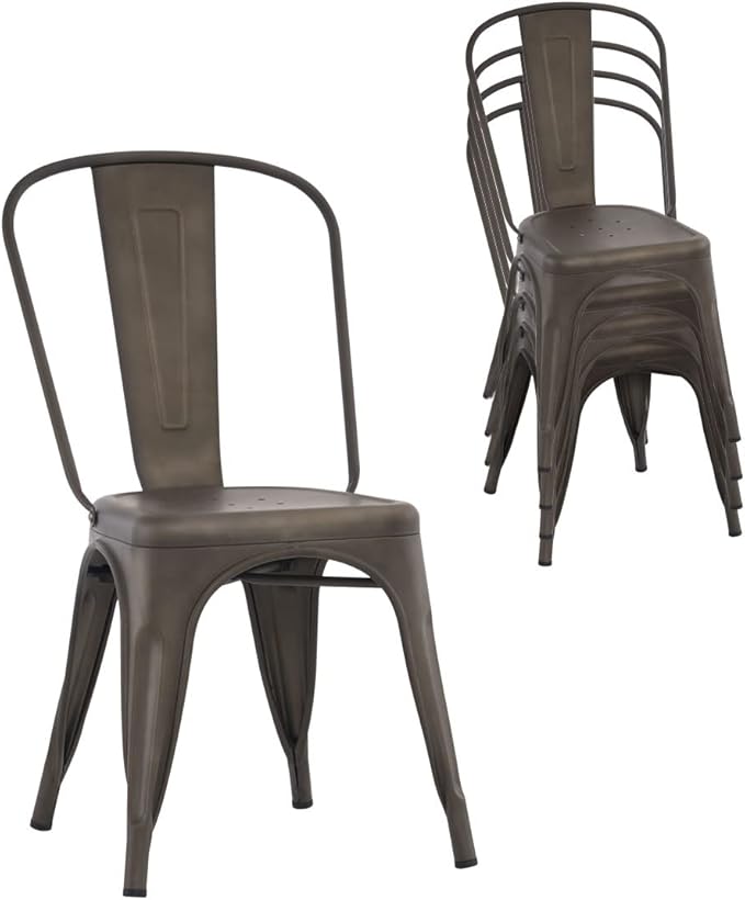 Patio Dining Chairs, Bronze Metal Farmhouse Stackable Set of 4