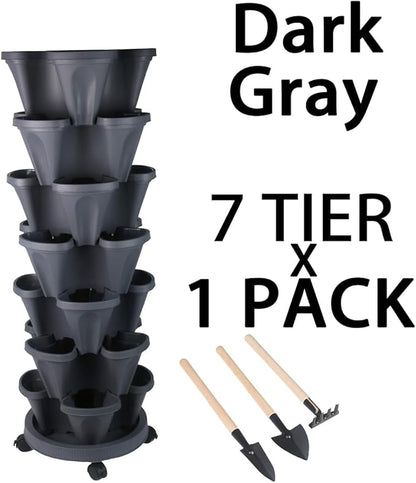 GameXcel Vertical Planter 7 Tier Stackable Planters Garden Planters Strawberry Herb Flower and Vegetable Planter Indoor Outdoor Gardening Pots with Removable Wheels and Tools - Dark Gray