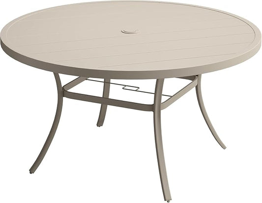 VICLLAX 53" Outdoor Round Patio Table for Lawn Garden, All Weather Metal Round Patio Dining Table with Adjustable Umbrella Hole, Patio Table for 8 Person, Sandshell Tabletop